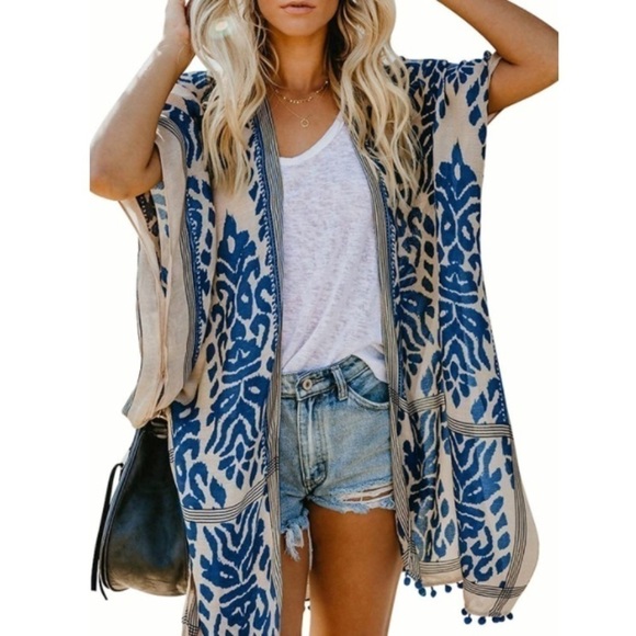 New Navy Blue Kimono Swimsuit Beach Summer Cover Swimwear Cardigan Dress boho - Picture 3 of 8